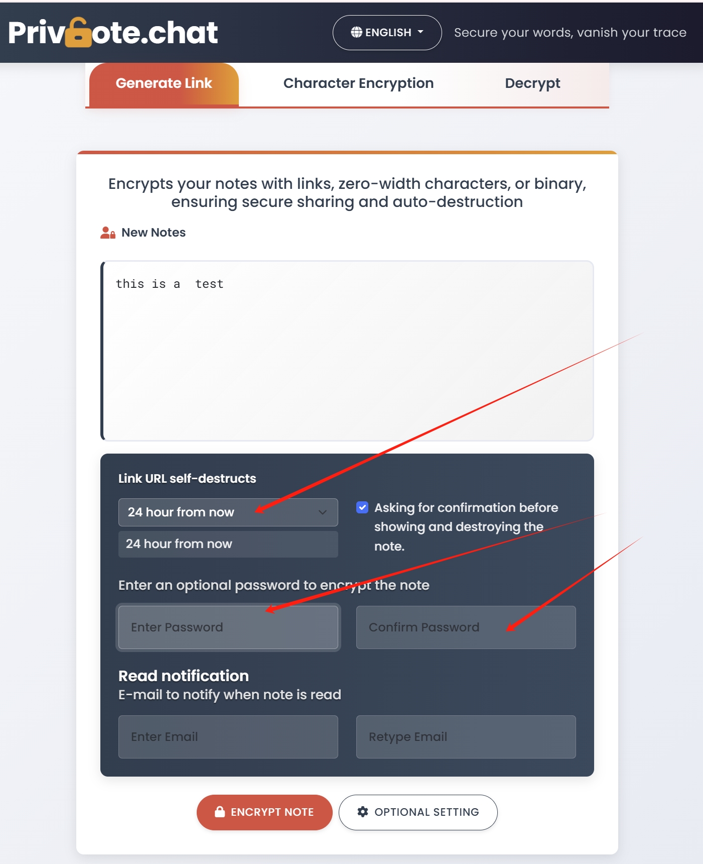 Generate link interface with optional settings